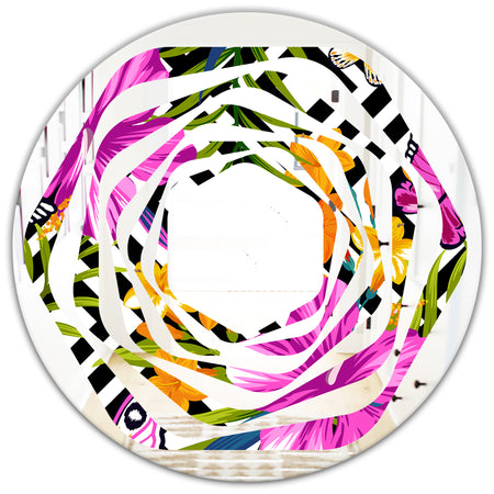 Tropical Foliage and Geometrics - Modern Round or Oval Wall Mirror - Whirl