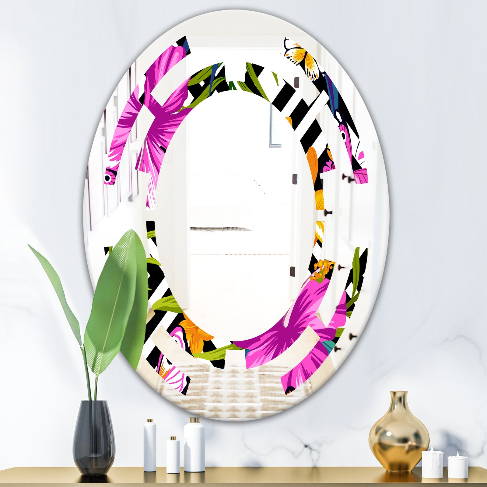 Tropical Foliage and Geometrics - Modern Round or Oval Wall Mirror - Space