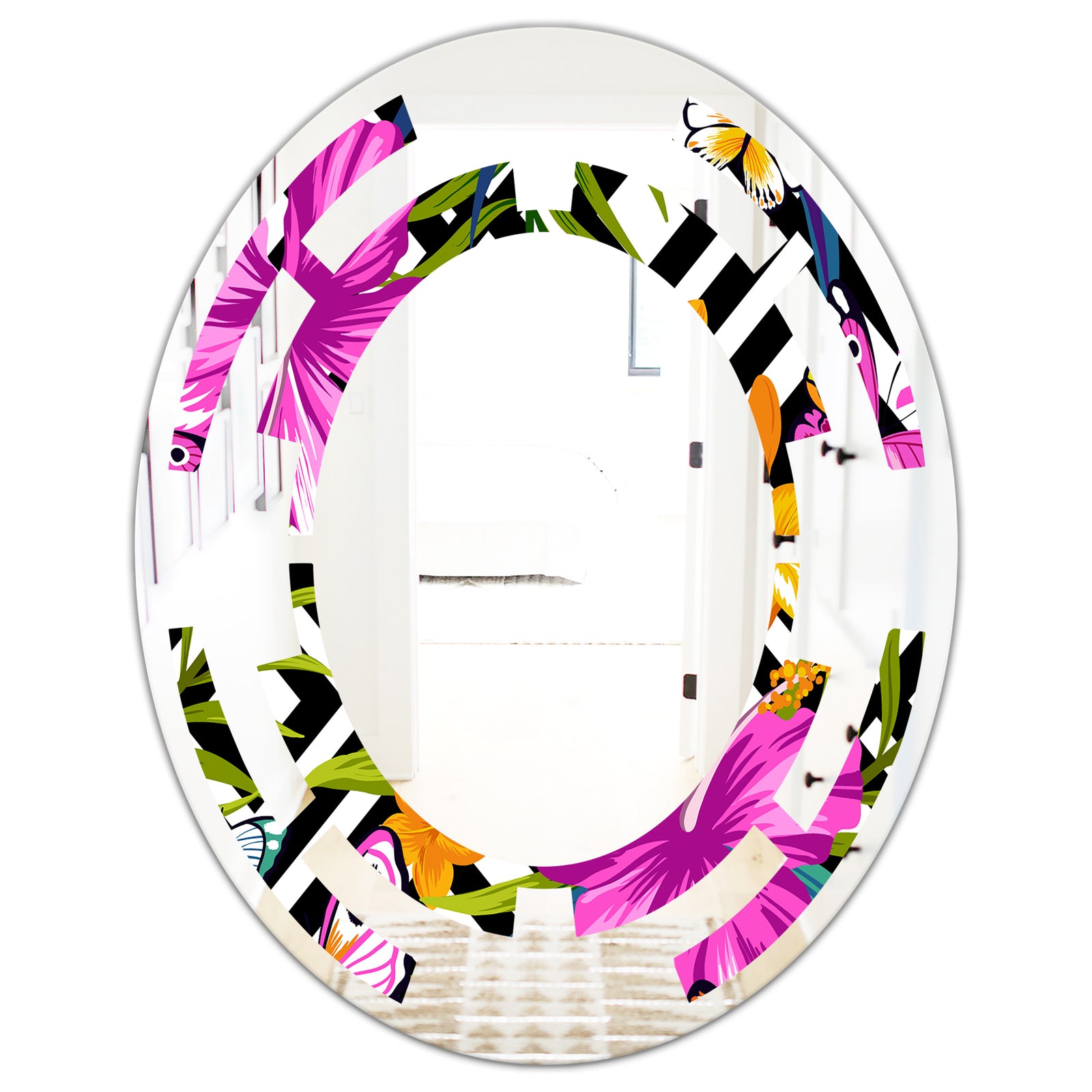 Tropical Foliage and Geometrics - Modern Round or Oval Wall Mirror - Space