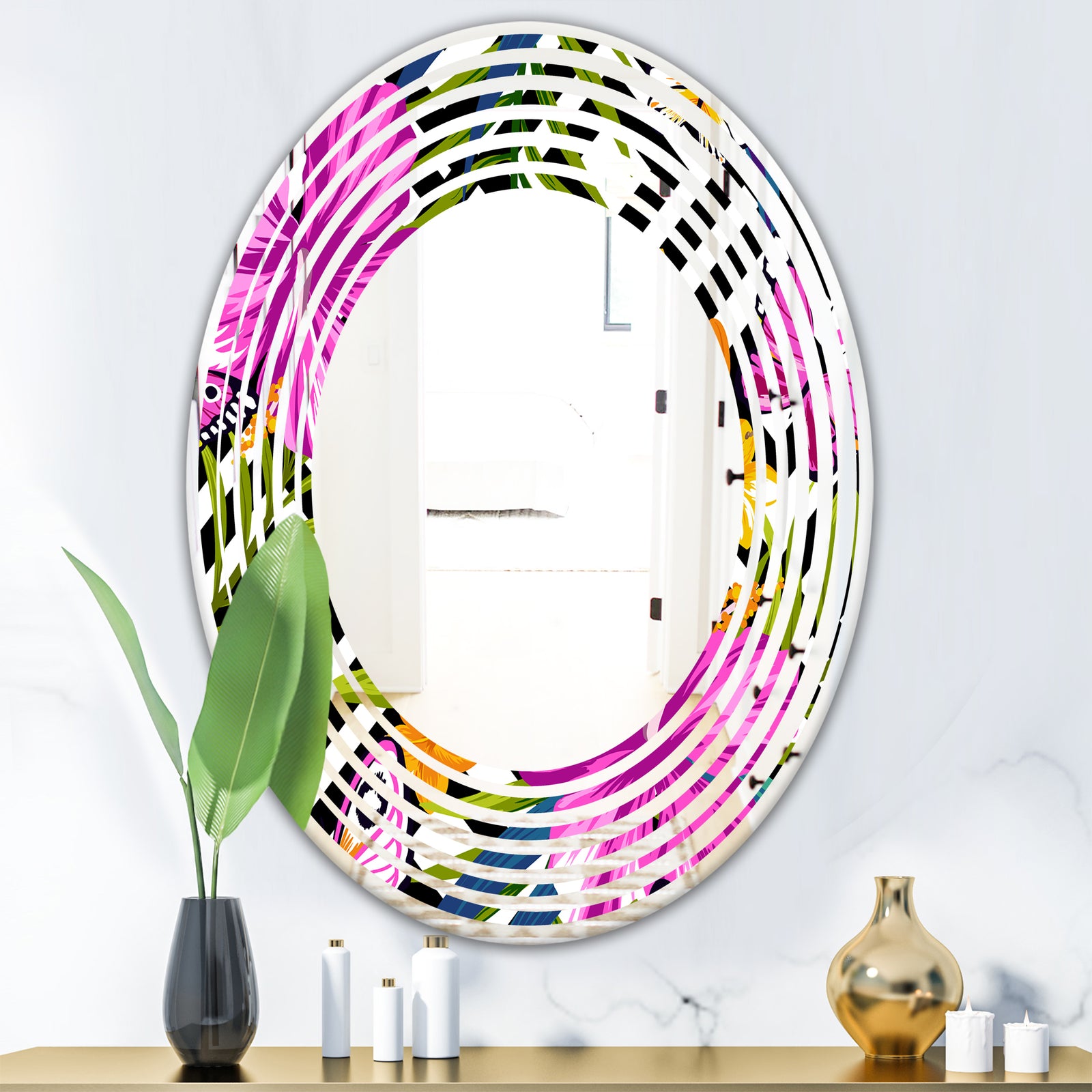 Tropical Foliage and Geometrics - Modern Round or Oval Wall Mirror - Wave