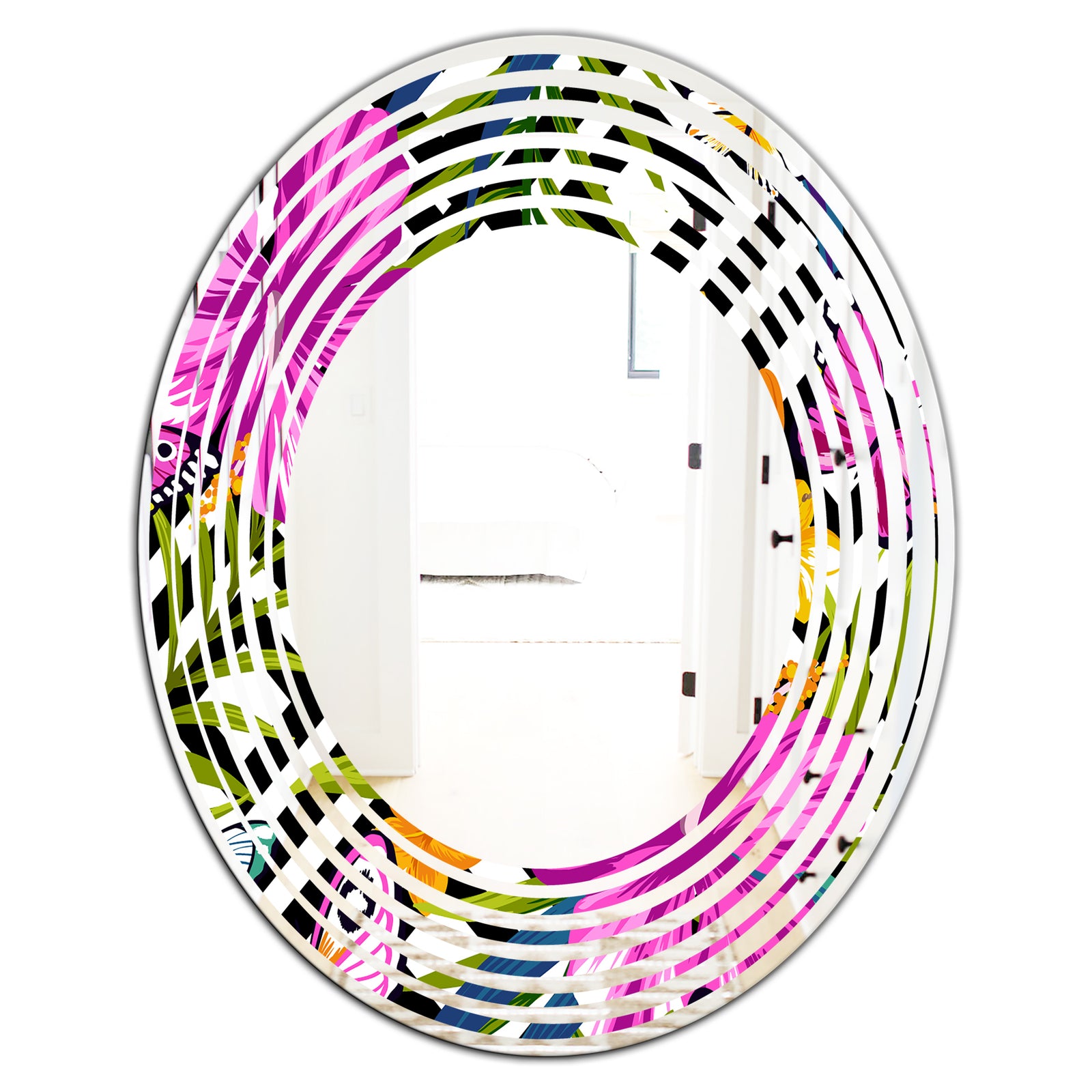 Tropical Foliage and Geometrics - Modern Round or Oval Wall Mirror - Wave