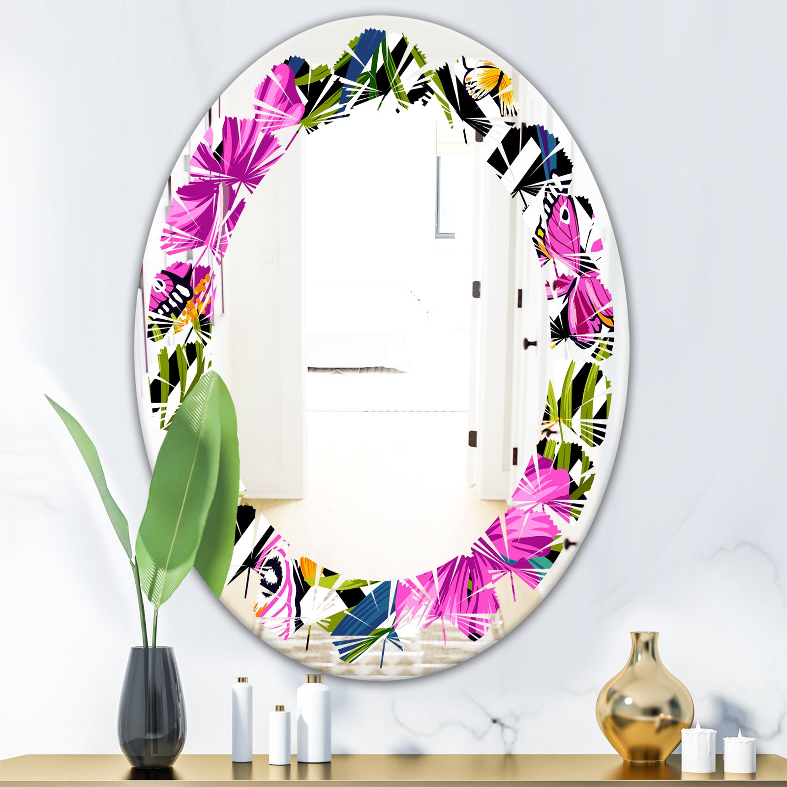 Tropical Foliage and Geometrics - Modern Round or Oval Wall Mirror - Leaves