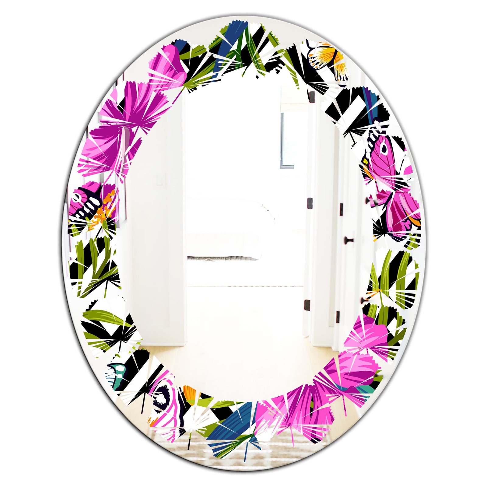 Tropical Foliage and Geometrics - Modern Round or Oval Wall Mirror - Leaves