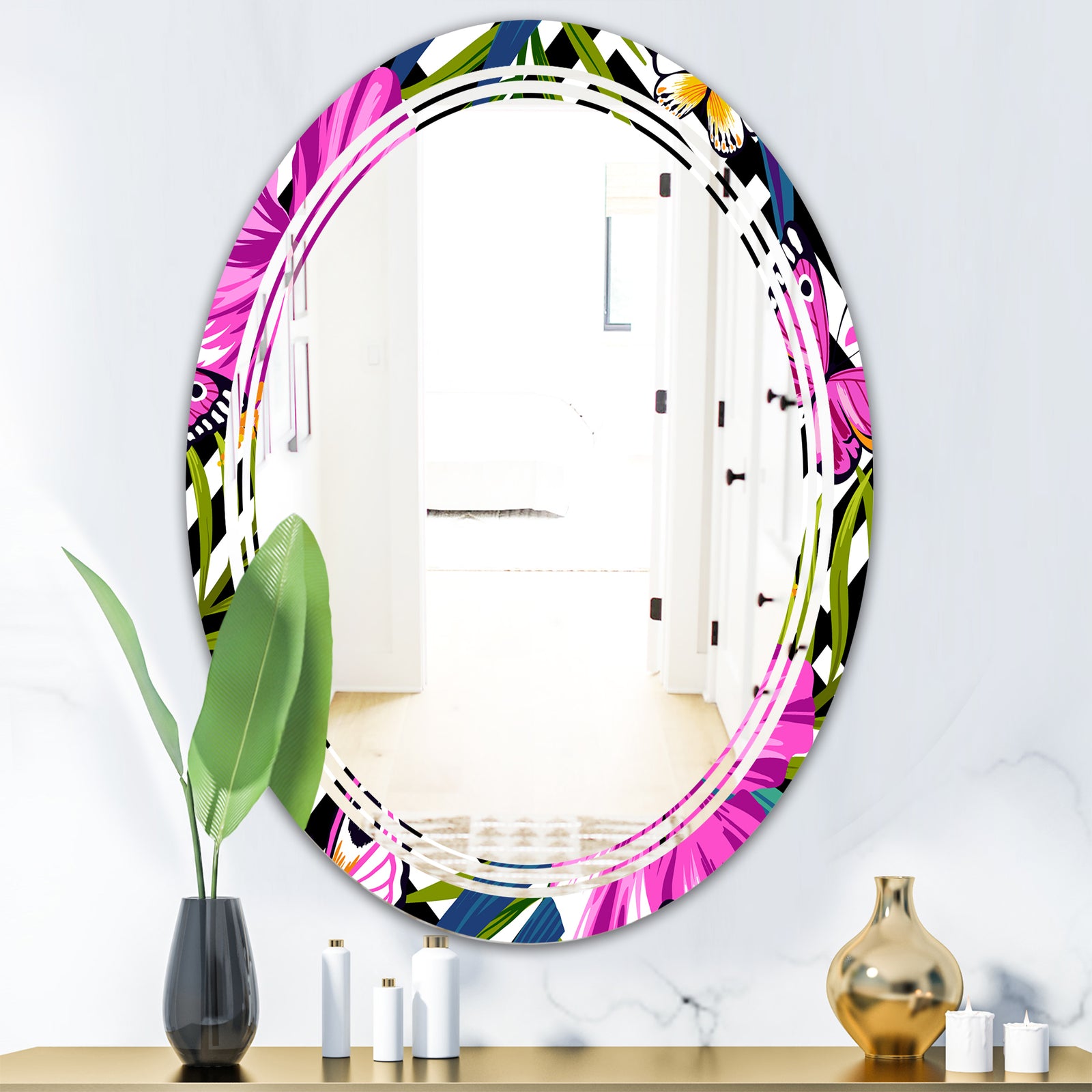 Tropical Foliage and Geometrics - Modern Round or Oval Wall Mirror - Triple C