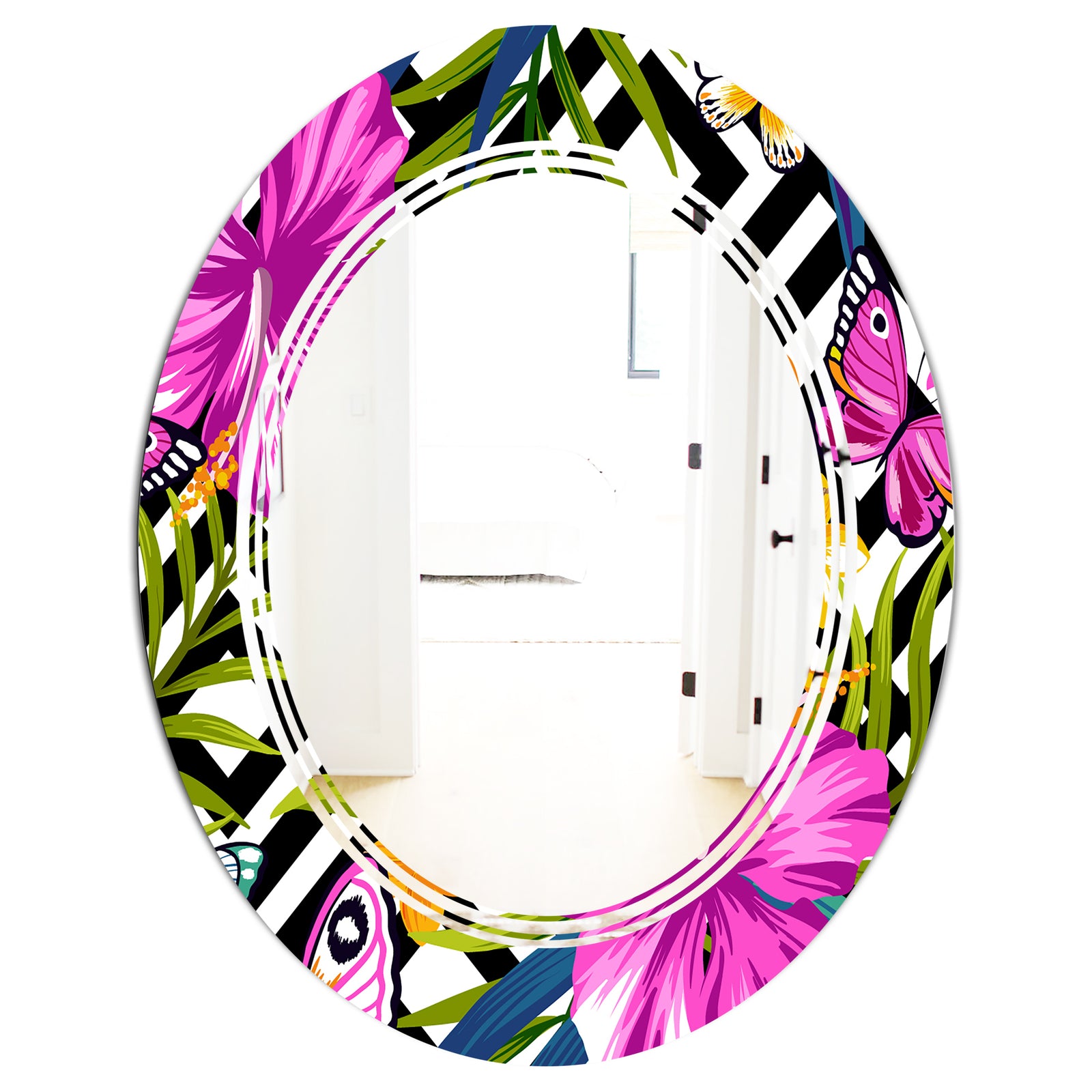 Tropical Foliage and Geometrics - Modern Round or Oval Wall Mirror - Triple C