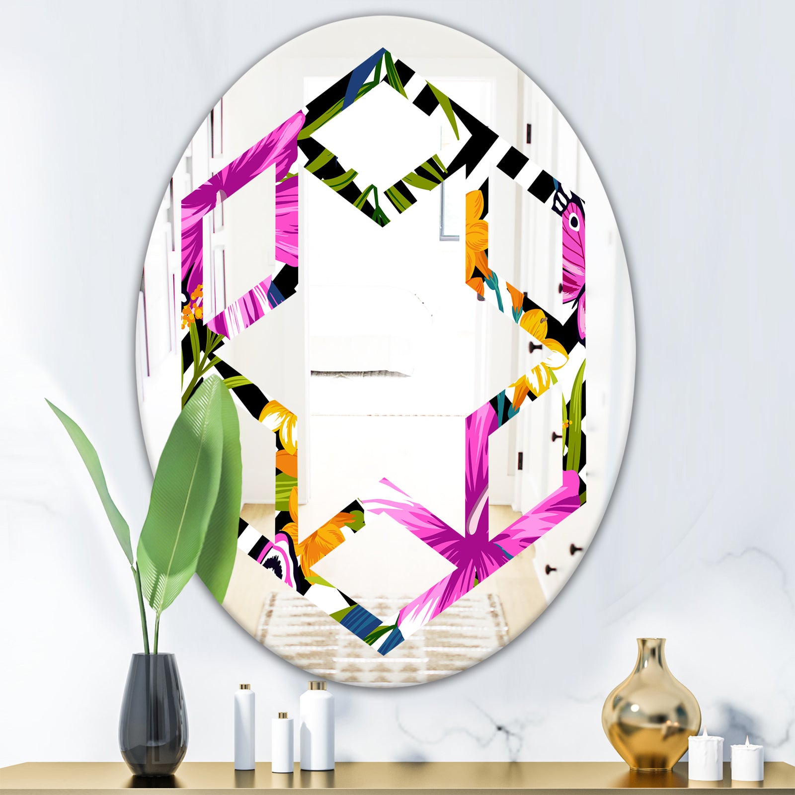 Tropical Foliage and Geometrics - Modern Round or Oval Wall Mirror - Hexagon Star
