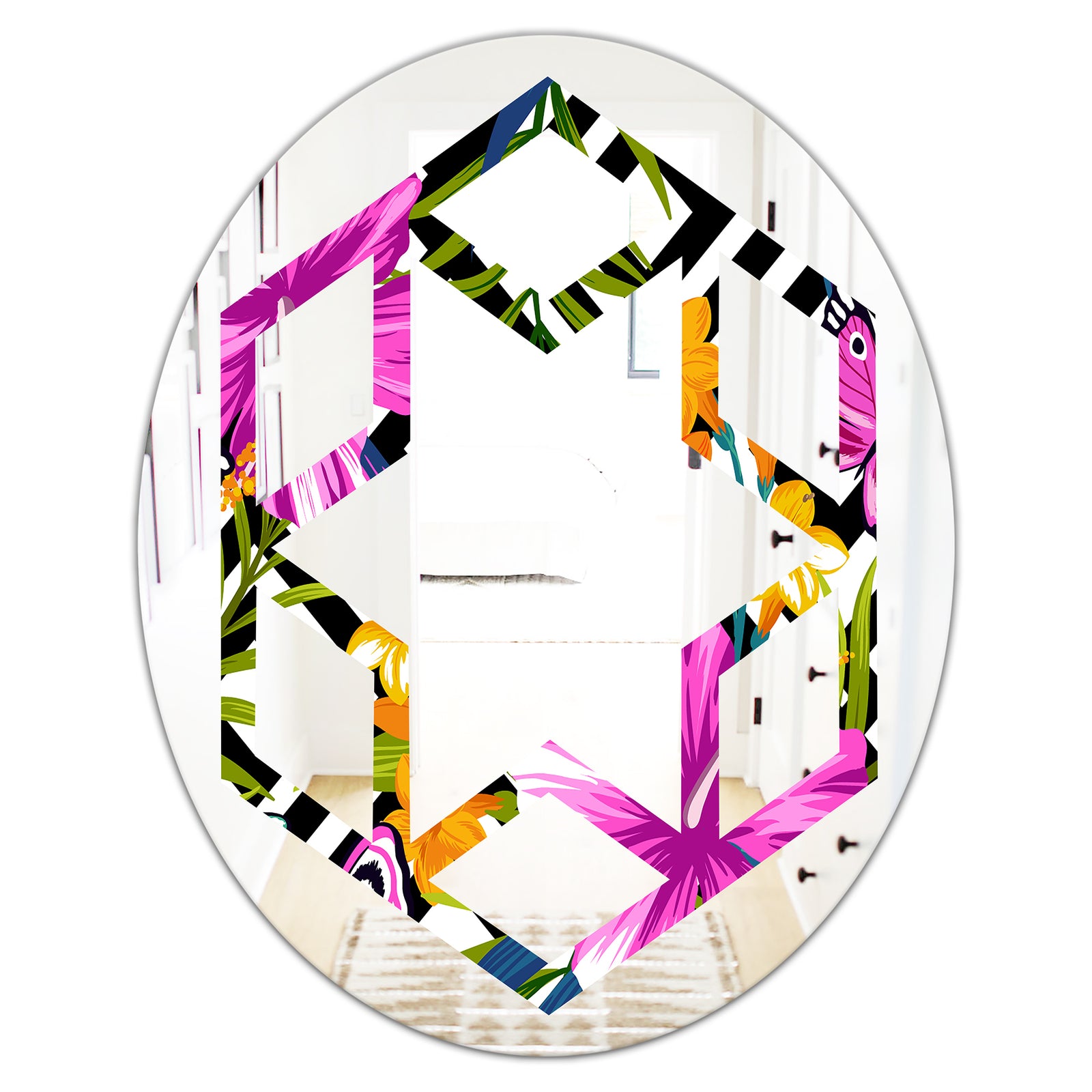 Tropical Foliage and Geometrics - Modern Round or Oval Wall Mirror - Hexagon Star