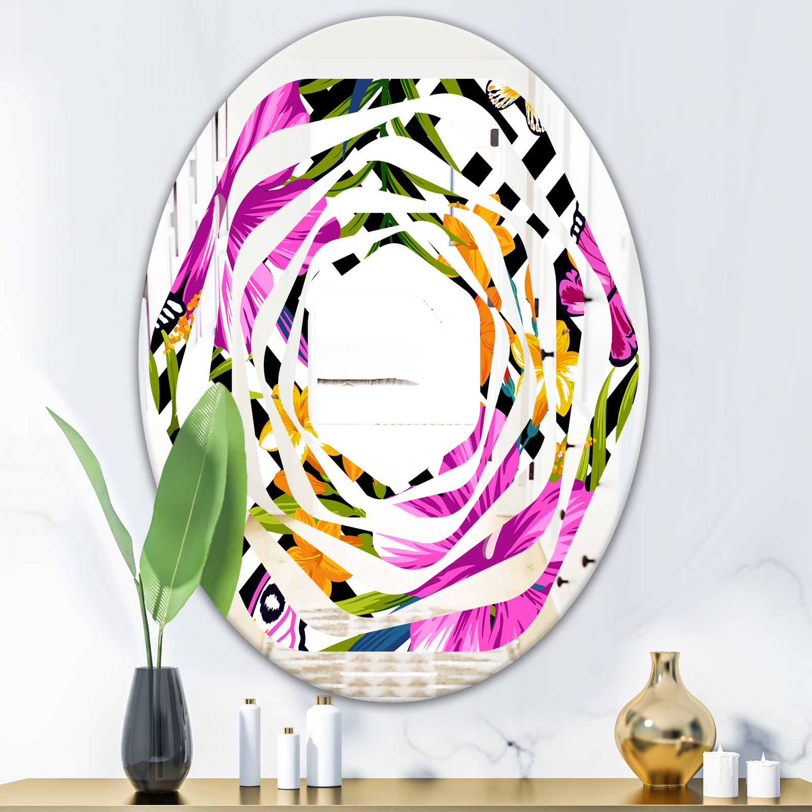 Tropical Foliage and Geometrics - Modern Round or Oval Wall Mirror - Whirl
