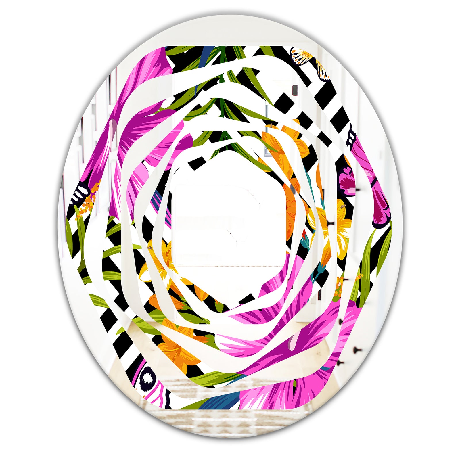 Tropical Foliage and Geometrics - Modern Round or Oval Wall Mirror - Whirl