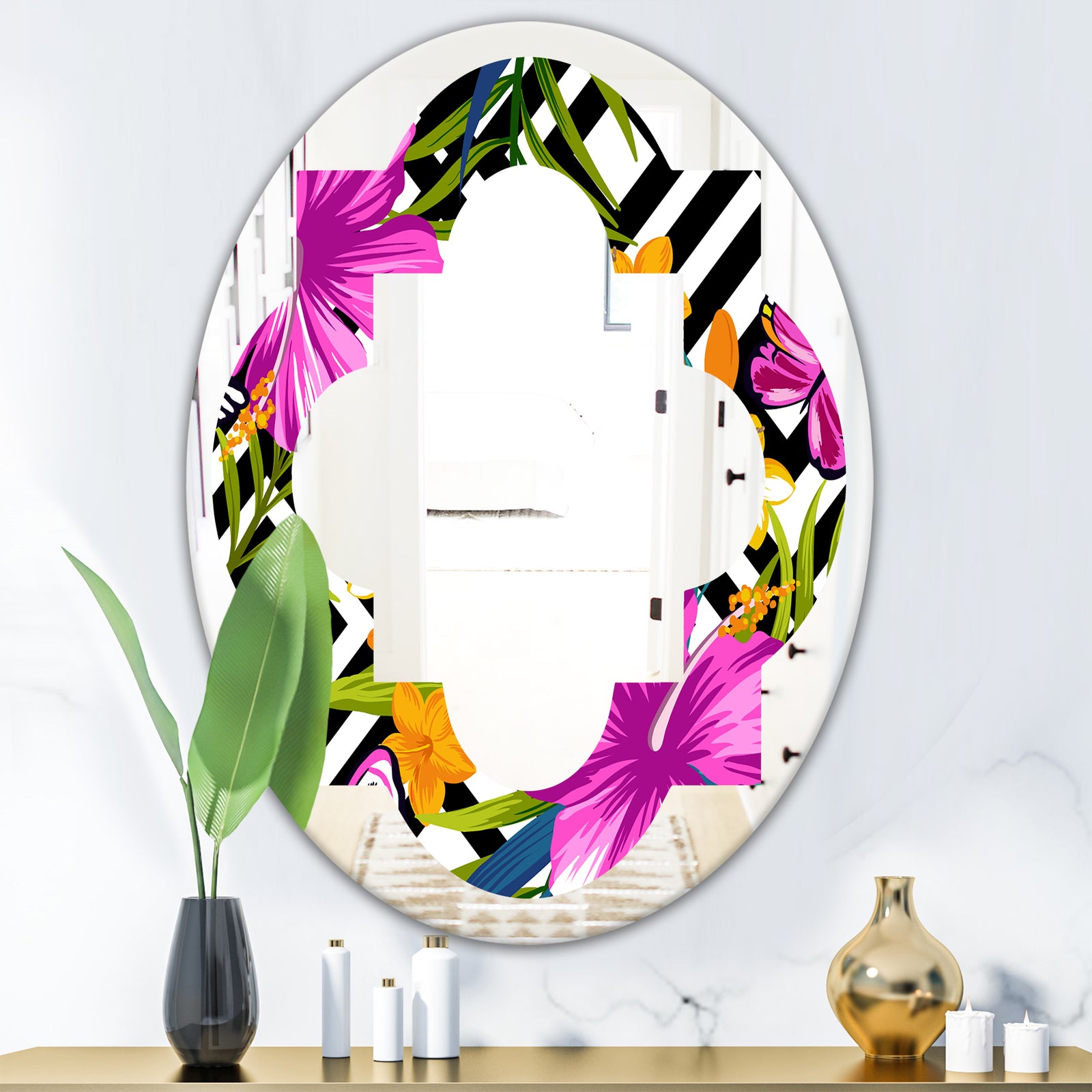 Tropical Foliage and Geometrics - Modern Round or Oval Wall Mirror - Quatrefoil