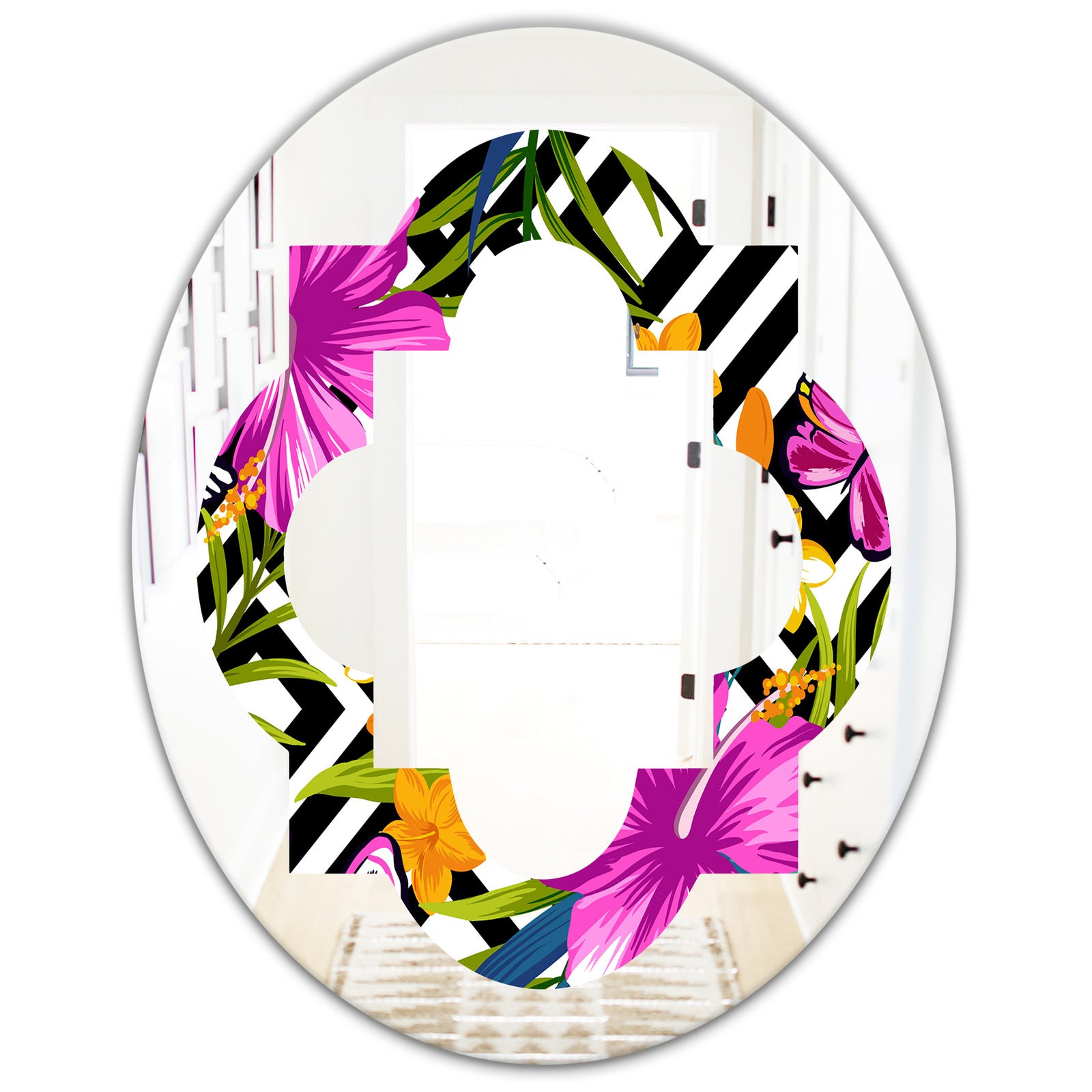 Tropical Foliage and Geometrics - Modern Round or Oval Wall Mirror - Quatrefoil