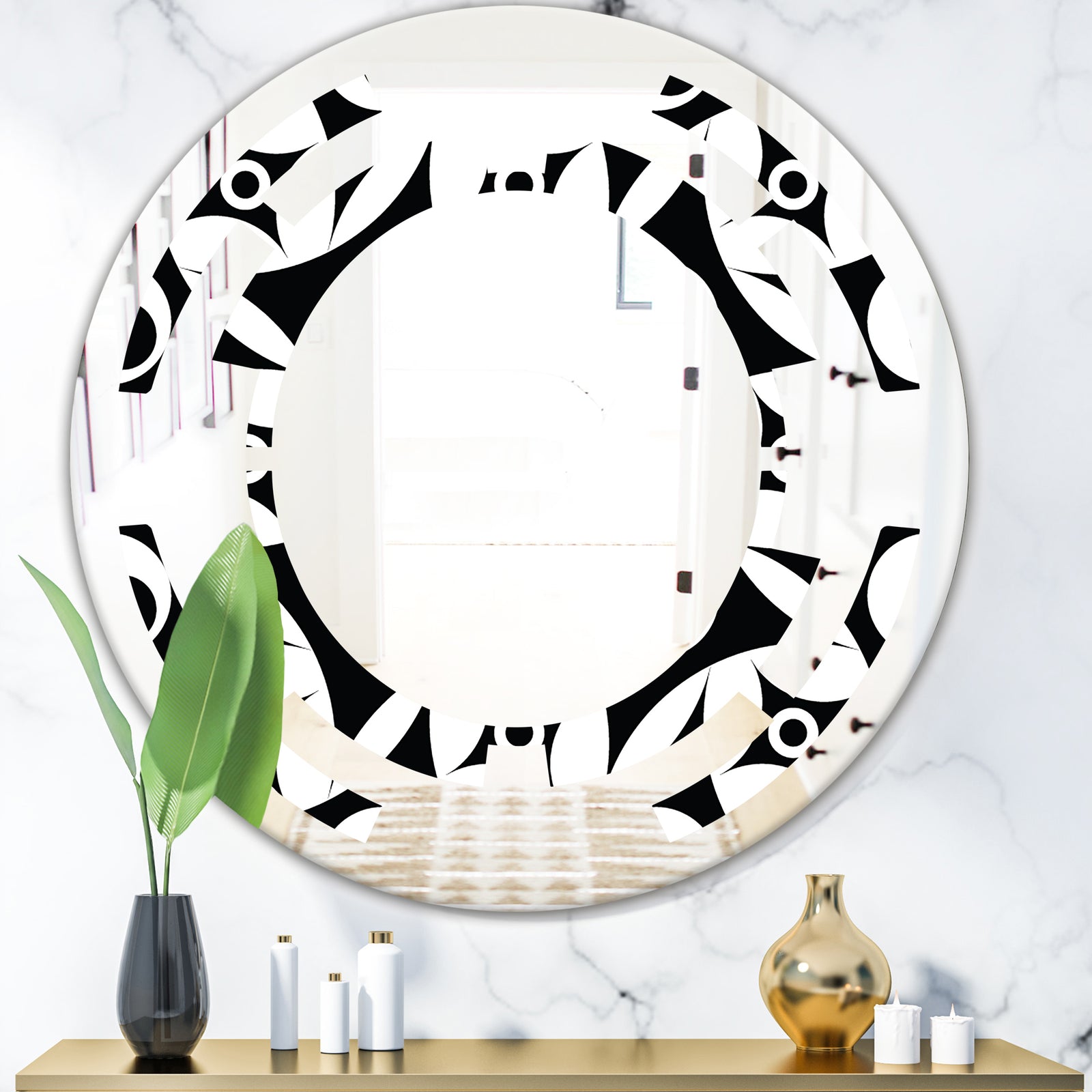 Monochrome Geometric Pattern VII - Modern Round or Oval Wall Mirror - Space