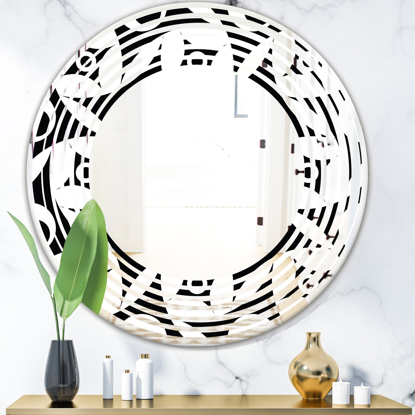 Monochrome Geometric Pattern VII - Modern Round or Oval Wall Mirror - Wave