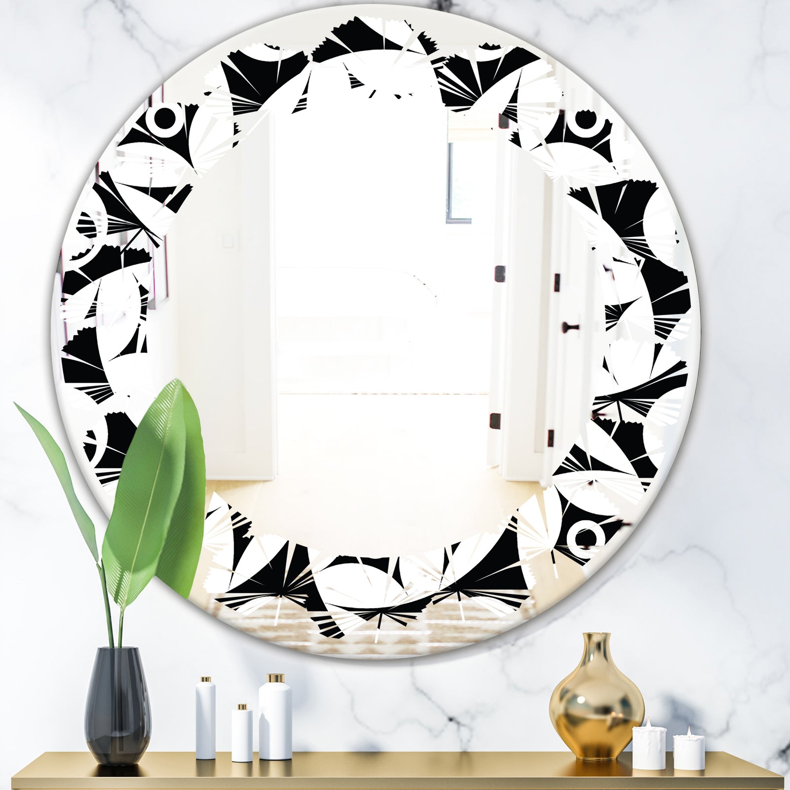 Monochrome Geometric Pattern VII - Modern Round or Oval Wall Mirror - Leaves