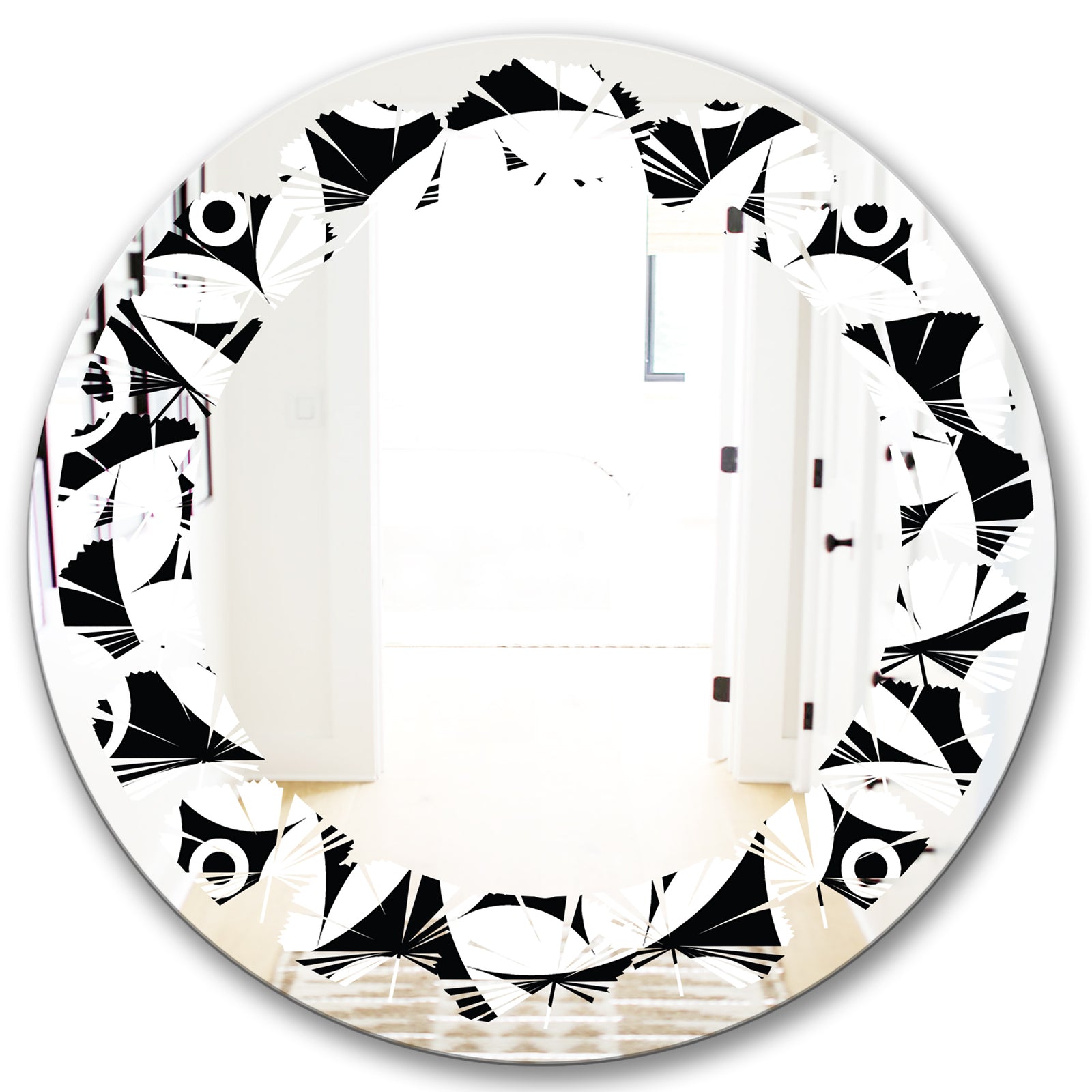 Monochrome Geometric Pattern VII - Modern Round or Oval Wall Mirror - Leaves