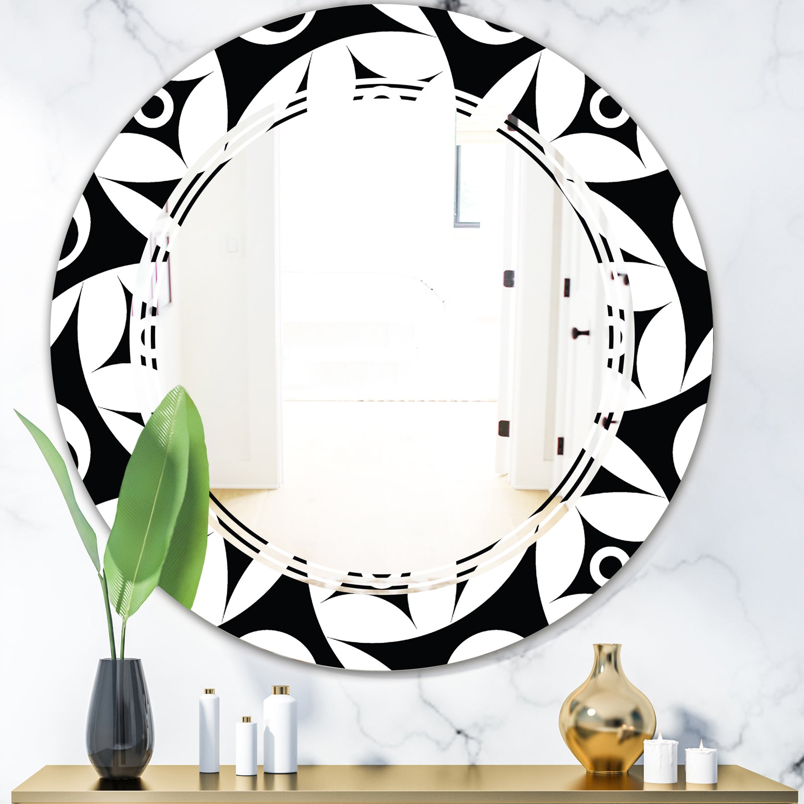 Monochrome Geometric Pattern VII - Modern Round or Oval Wall Mirror - Triple C