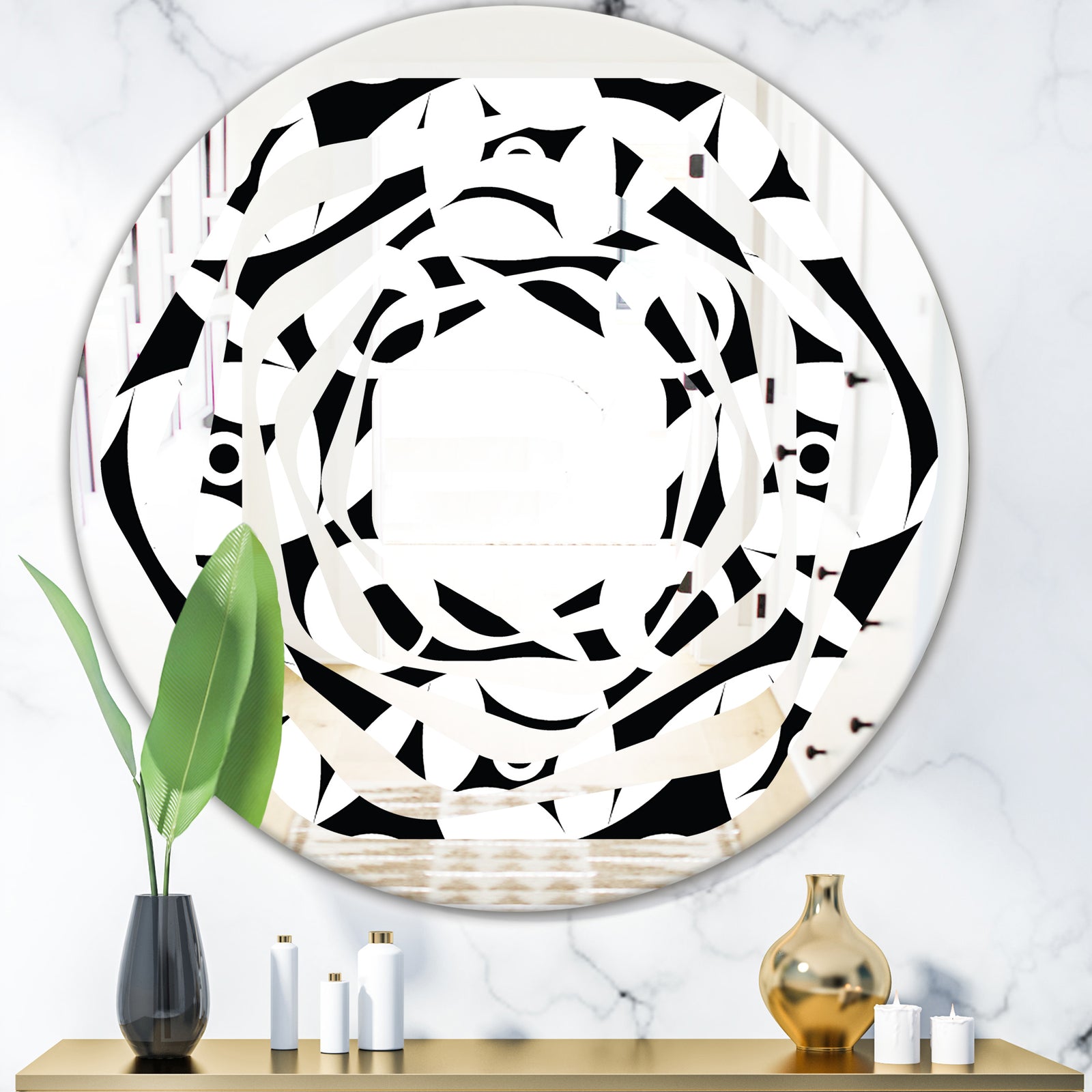 Monochrome Geometric Pattern VII - Modern Round or Oval Wall Mirror - Whirl