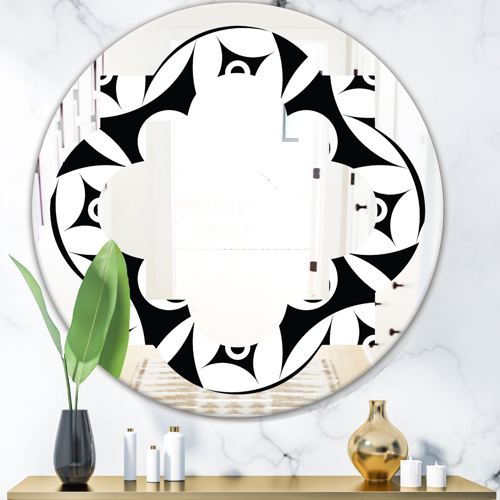 Monochrome Geometric Pattern VII - Modern Round or Oval Wall Mirror - Quatrefoil