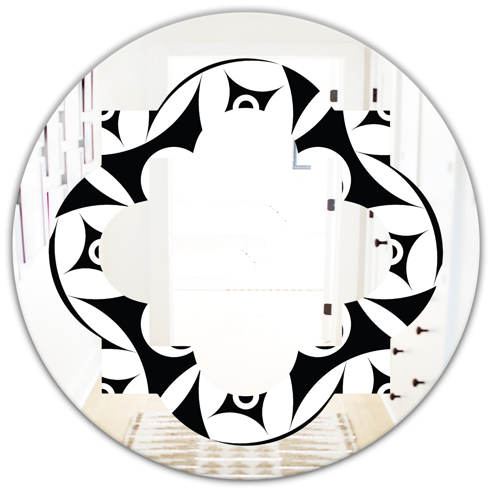 Monochrome Geometric Pattern VII - Modern Round or Oval Wall Mirror - Quatrefoil