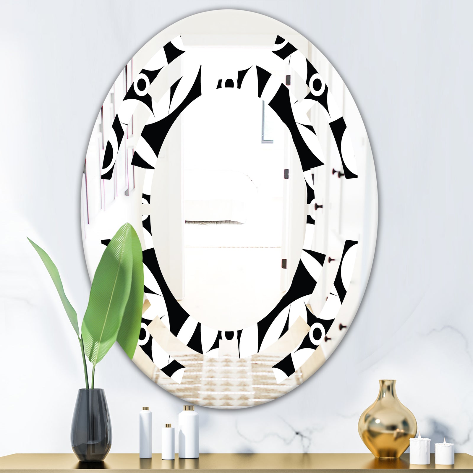 Monochrome Geometric Pattern VII - Modern Round or Oval Wall Mirror - Space