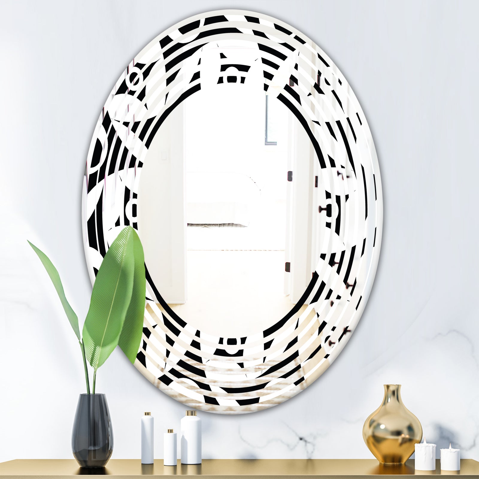 Monochrome Geometric Pattern VII - Modern Round or Oval Wall Mirror - Wave