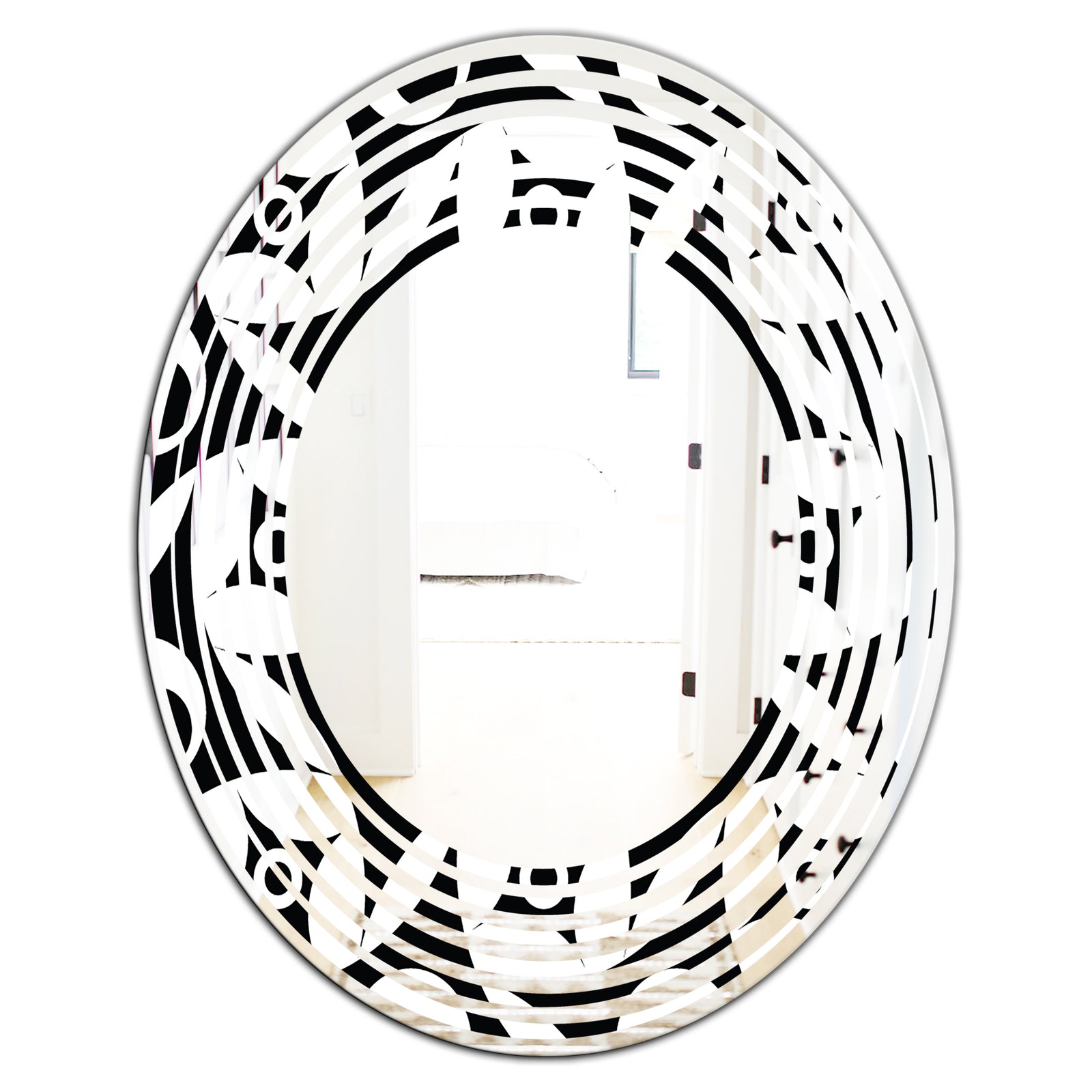 Monochrome Geometric Pattern VII - Modern Round or Oval Wall Mirror - Wave