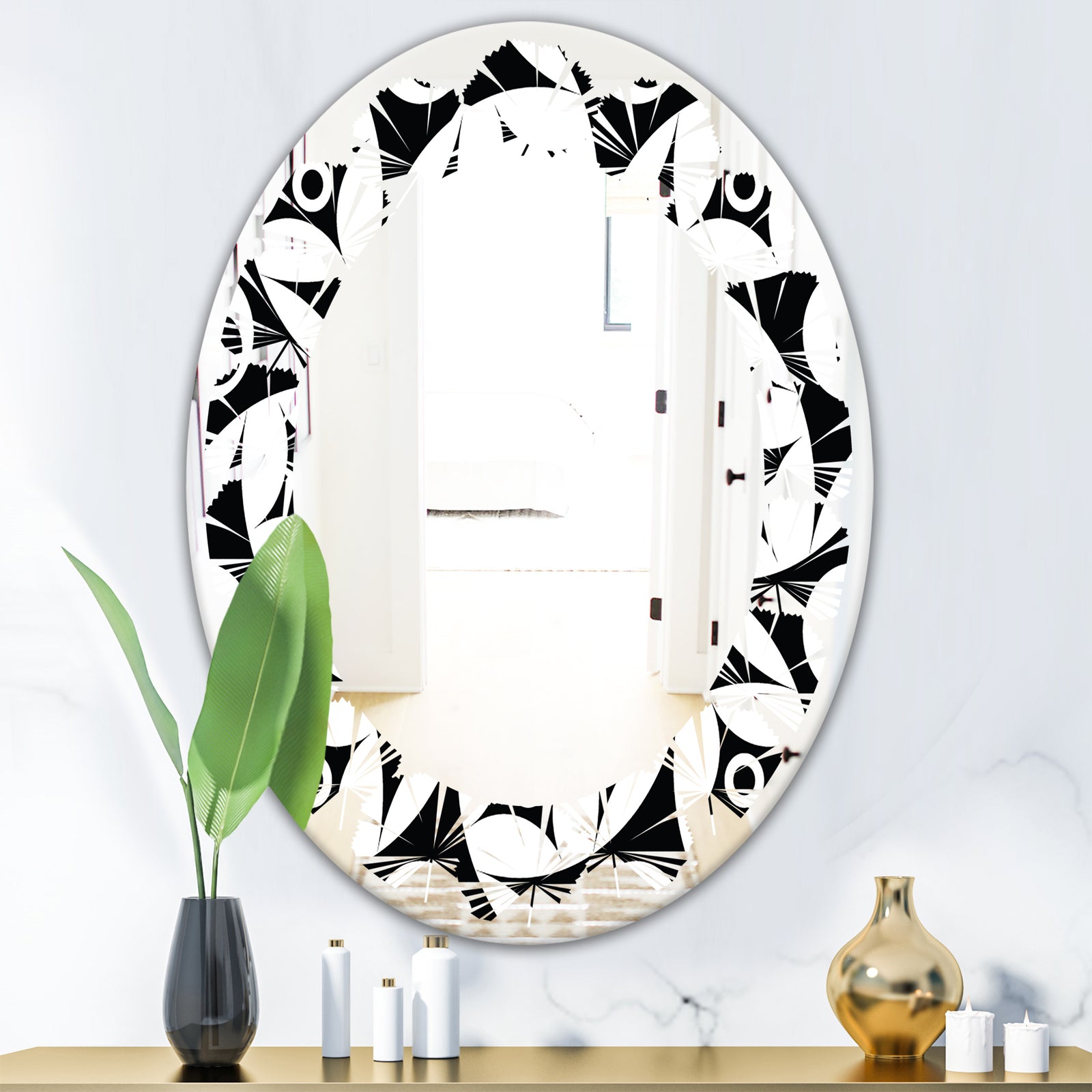 Monochrome Geometric Pattern VII - Modern Round or Oval Wall Mirror - Leaves
