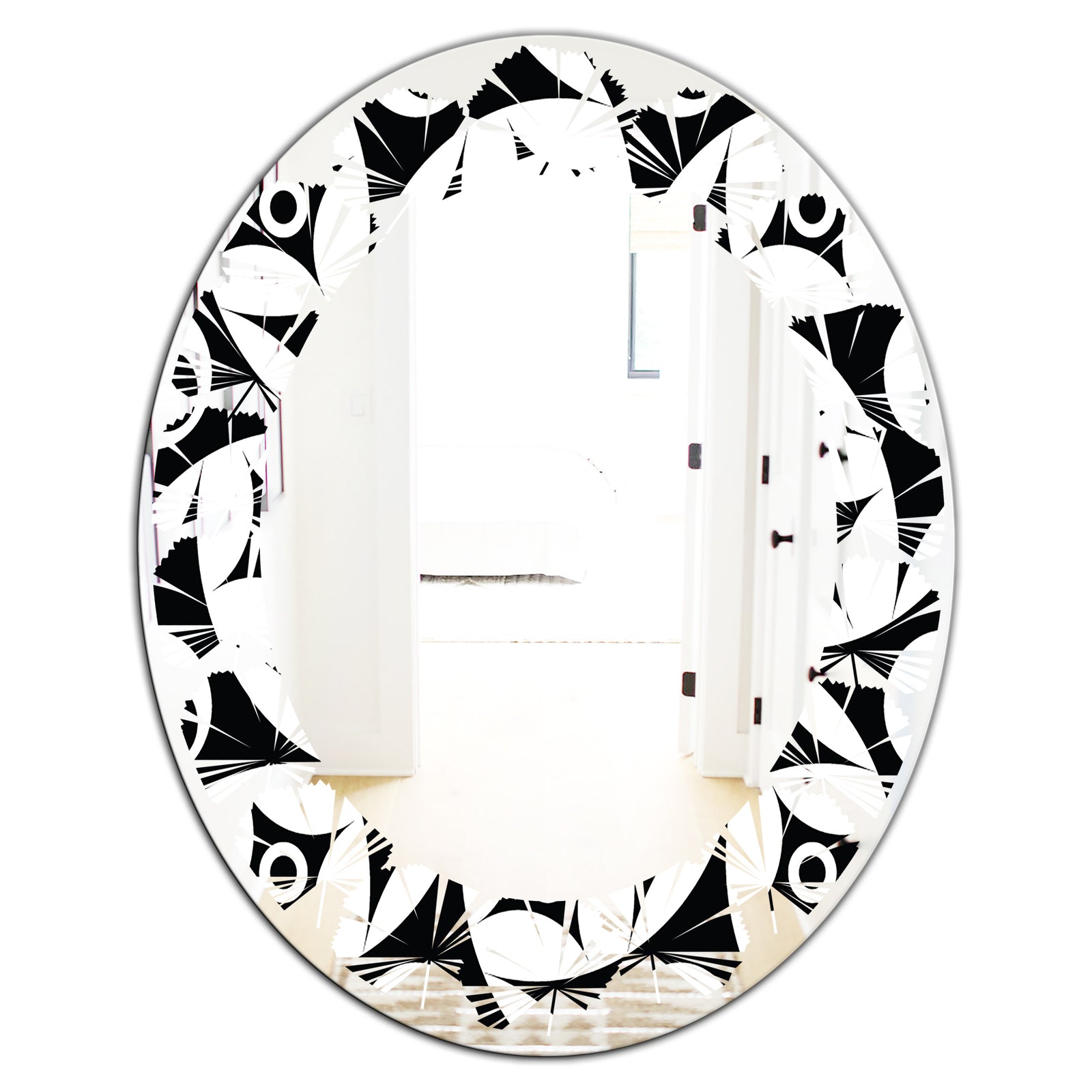 Monochrome Geometric Pattern VII - Modern Round or Oval Wall Mirror - Leaves