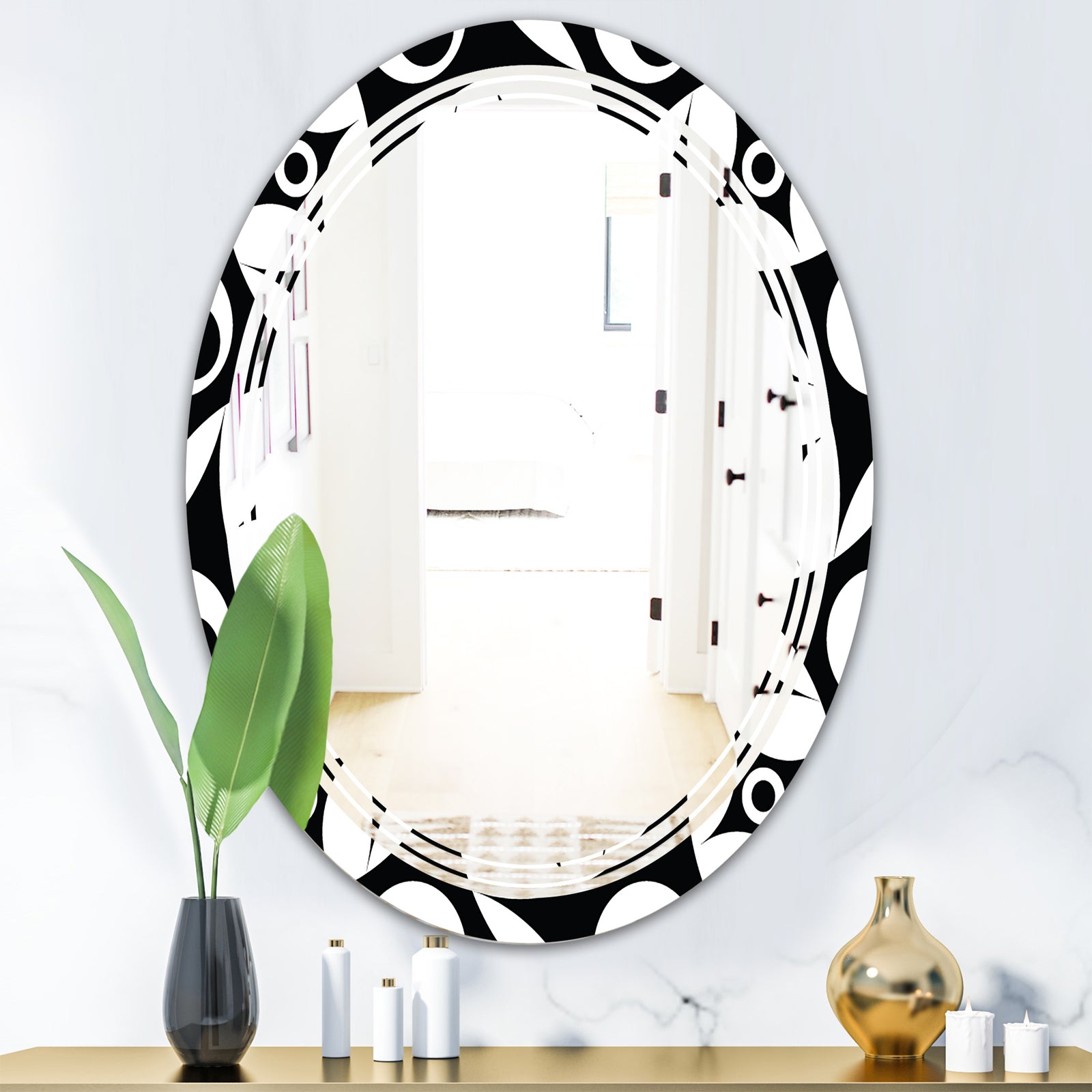 Monochrome Geometric Pattern VII - Modern Round or Oval Wall Mirror - Triple C
