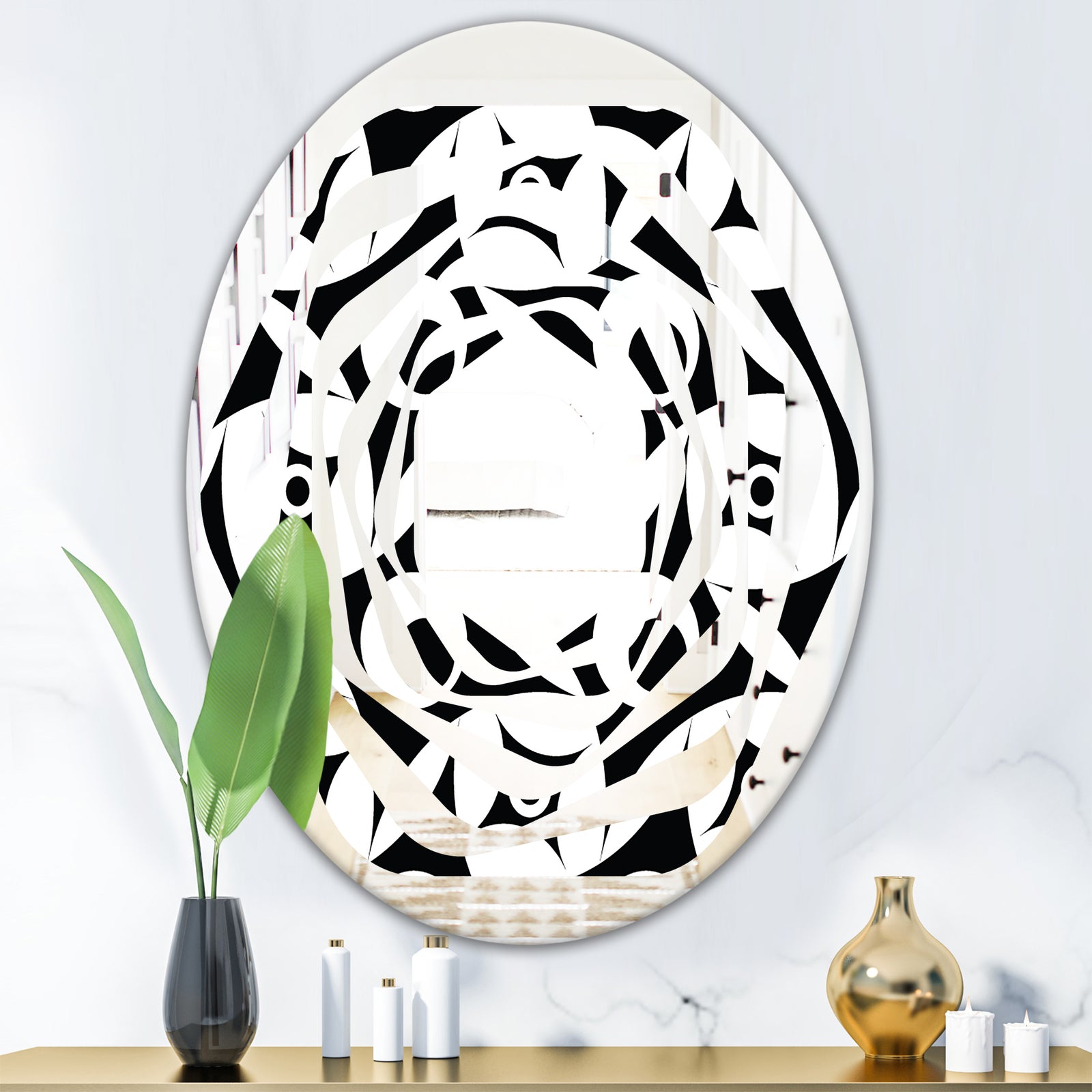 Monochrome Geometric Pattern VII - Modern Round or Oval Wall Mirror - Whirl