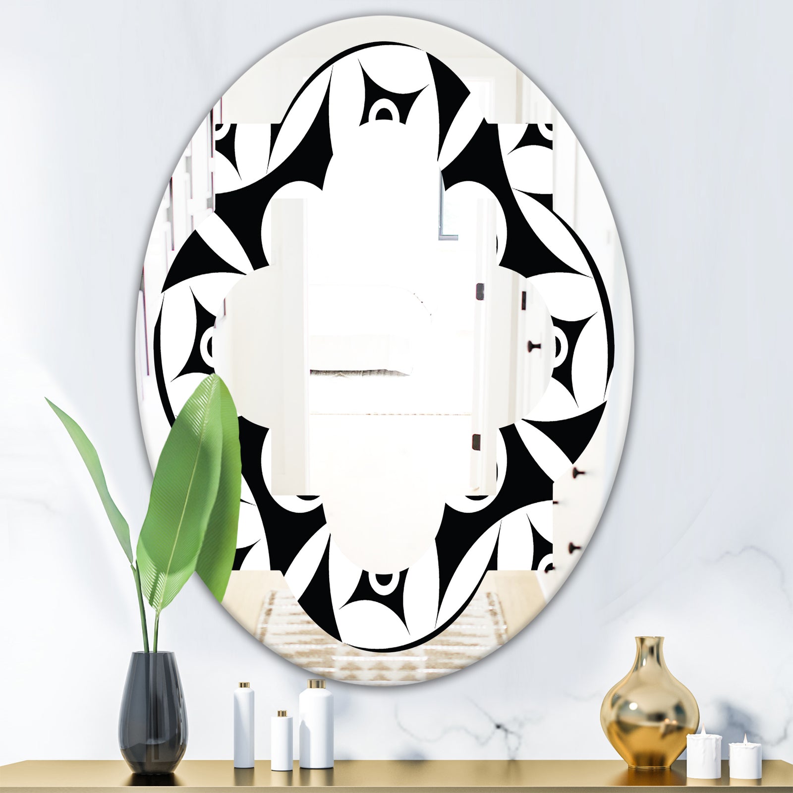 Monochrome Geometric Pattern VII - Modern Round or Oval Wall Mirror - Quatrefoil