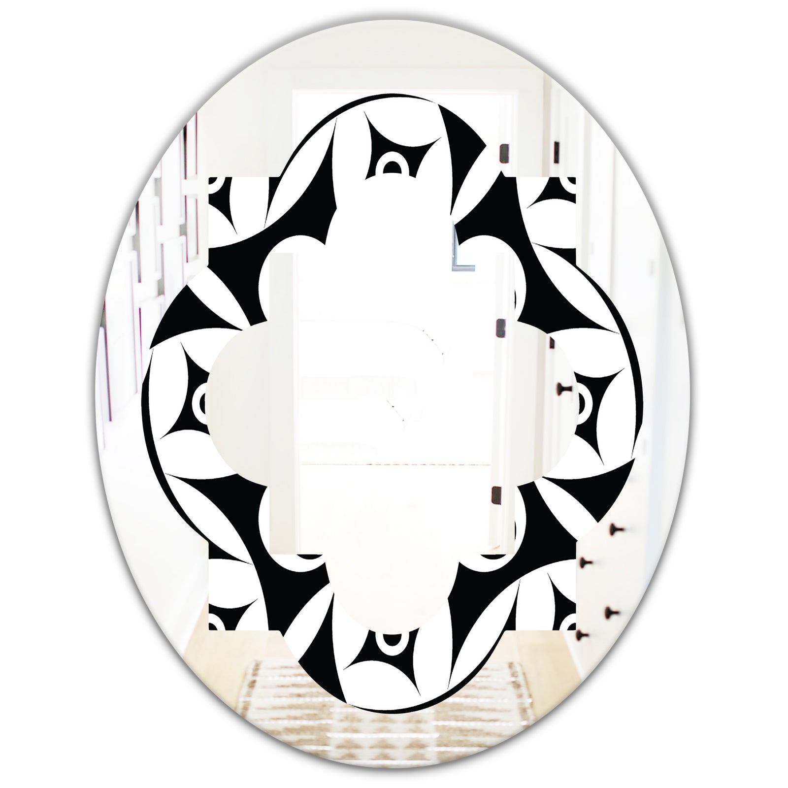 Monochrome Geometric Pattern VII - Modern Round or Oval Wall Mirror - Quatrefoil