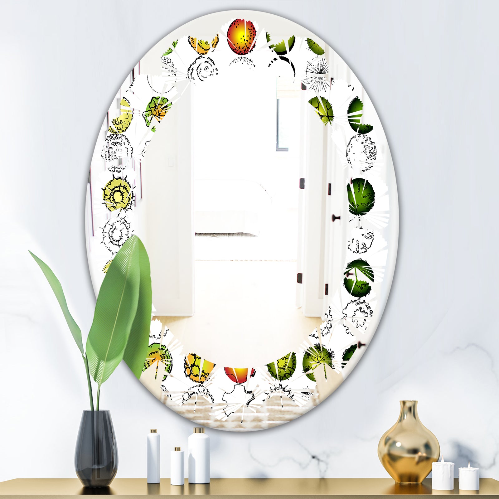 Retro Tree Top Design - Modern Round or Oval Wall Mirror - Leaves