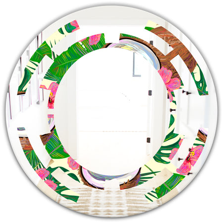 Tropical Cooconut and Jungle Flowers - Modern Round or Oval Wall Mirror - Space