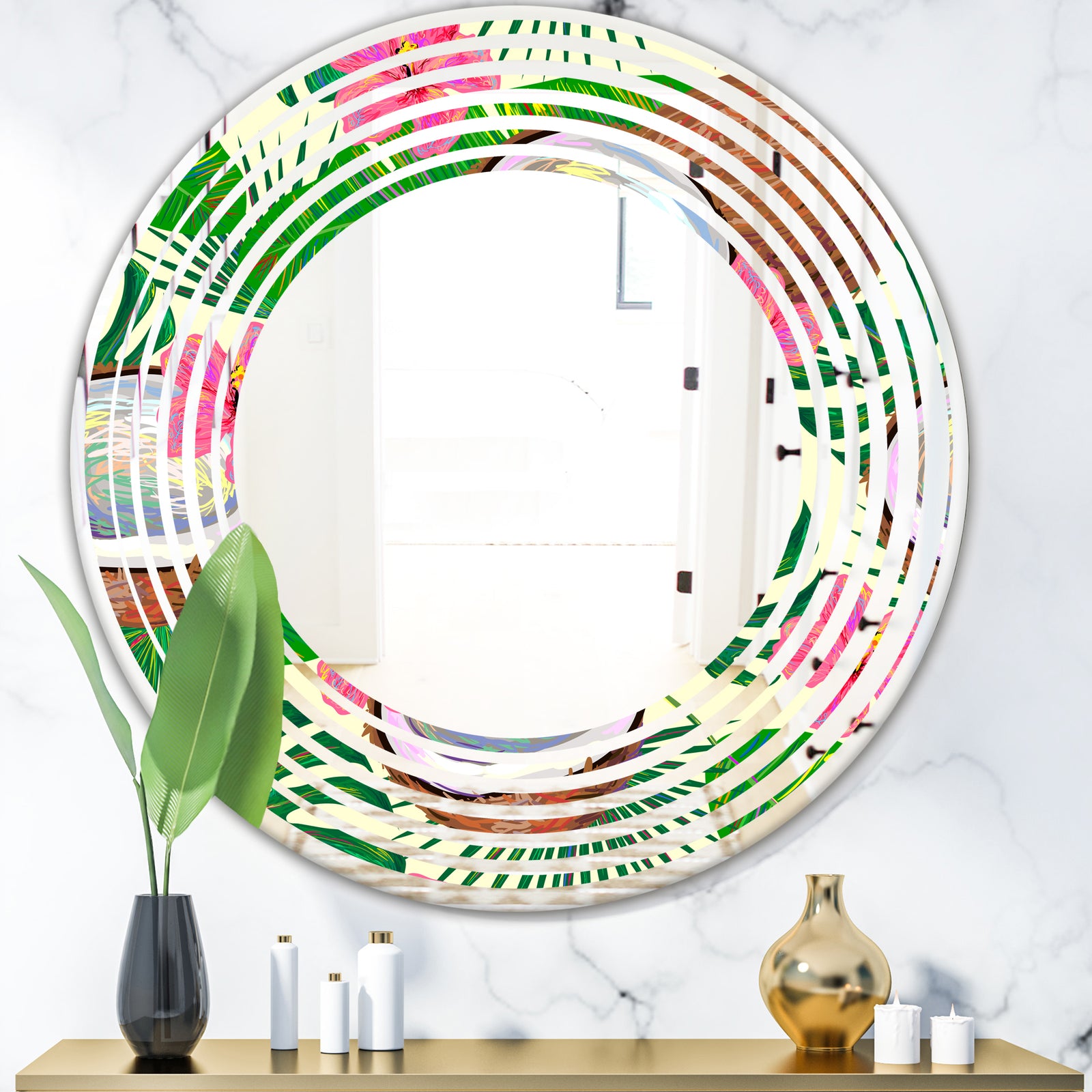 Tropical Cooconut and Jungle Flowers - Modern Round or Oval Wall Mirror - Wave