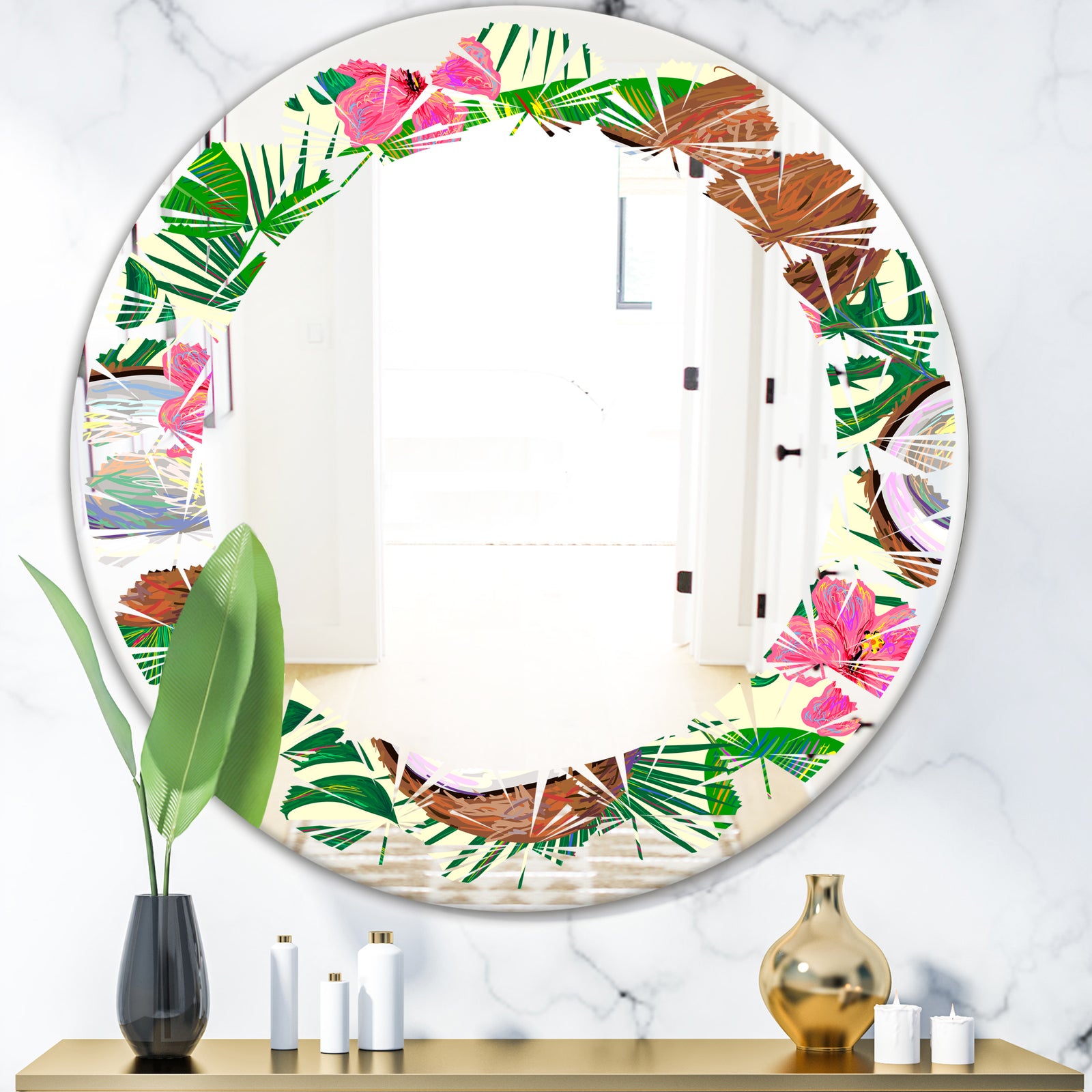 Tropical Cooconut and Jungle Flowers - Modern Round or Oval Wall Mirror - Leaves