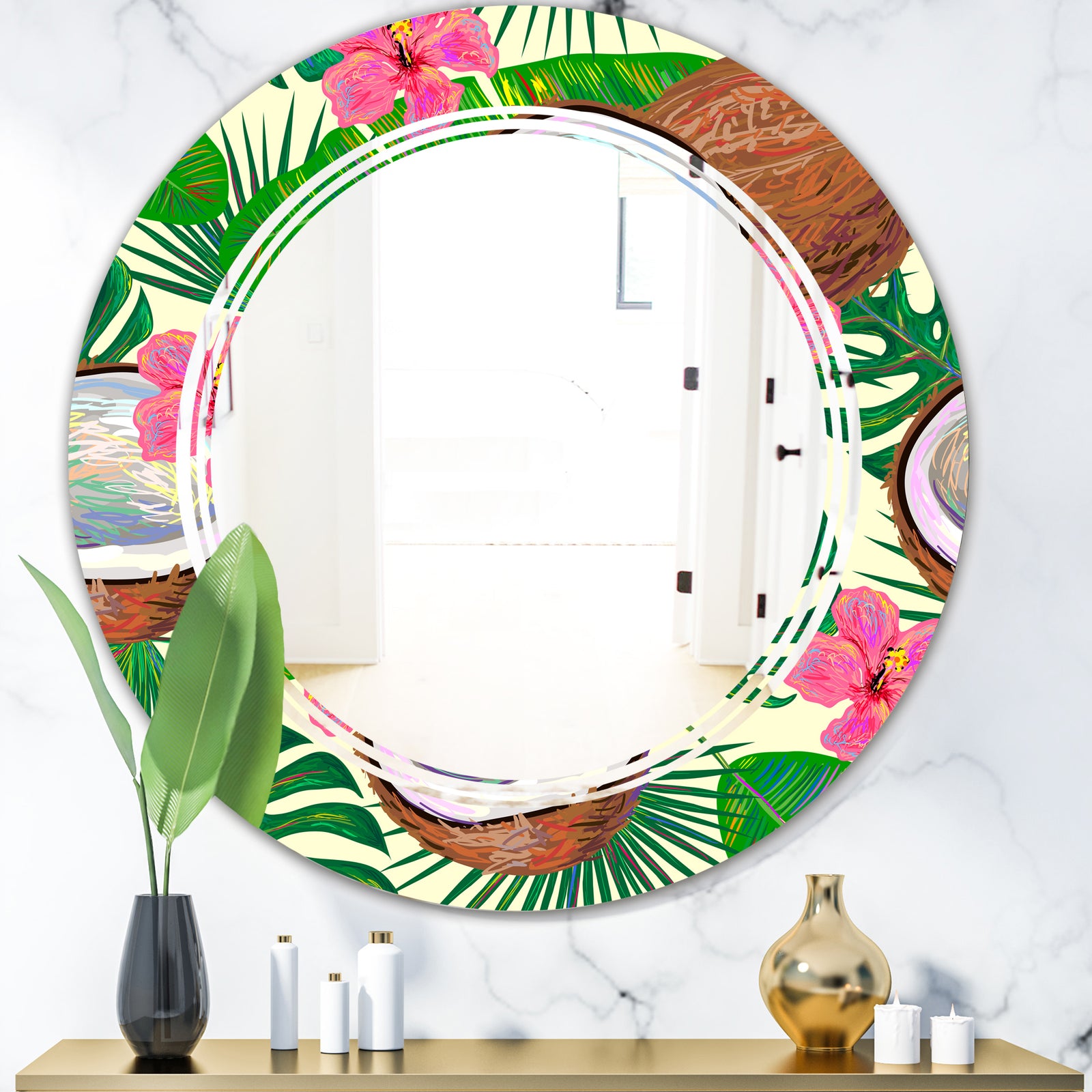 Tropical Cooconut and Jungle Flowers - Modern Round or Oval Wall Mirror - Triple C