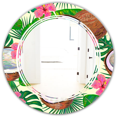 Tropical Cooconut and Jungle Flowers - Modern Round or Oval Wall Mirror - Triple C