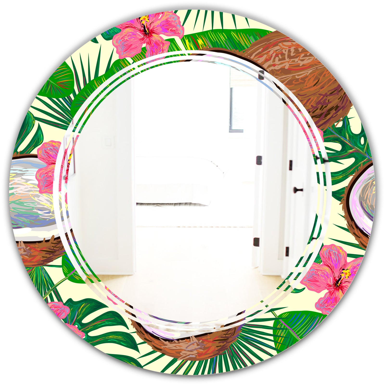 Tropical Cooconut and Jungle Flowers - Modern Round or Oval Wall Mirror - Triple C