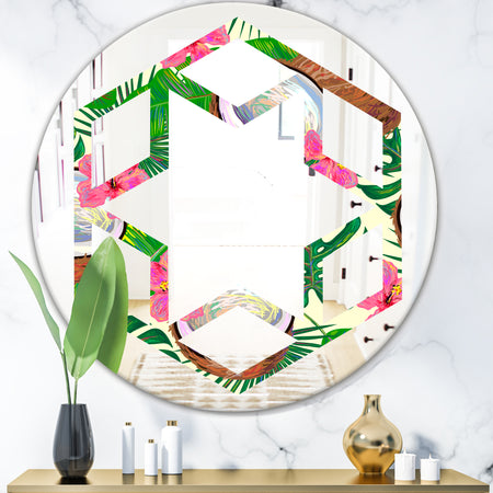 Tropical Cooconut and Jungle Flowers - Modern Round or Oval Wall Mirror - Hexagon Star