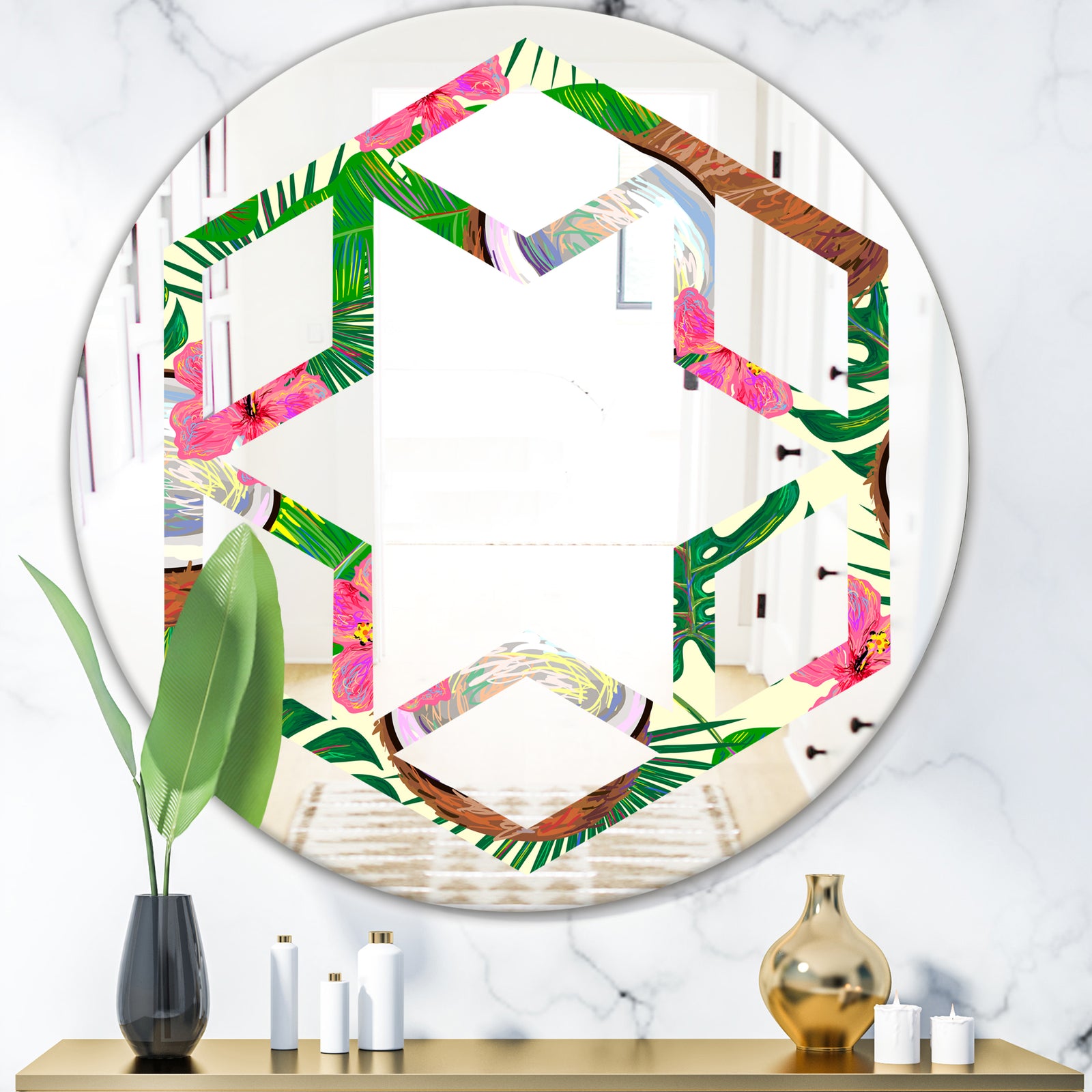 Tropical Cooconut and Jungle Flowers - Modern Round or Oval Wall Mirror - Hexagon Star