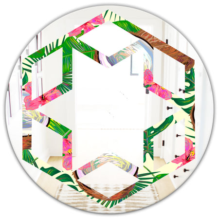 Tropical Cooconut and Jungle Flowers - Modern Round or Oval Wall Mirror - Hexagon Star