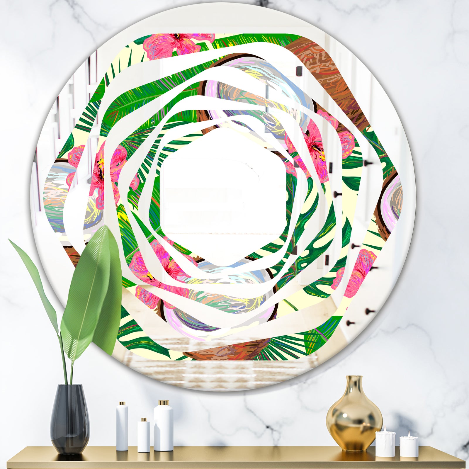 Tropical Cooconut and Jungle Flowers - Modern Round or Oval Wall Mirror - Whirl