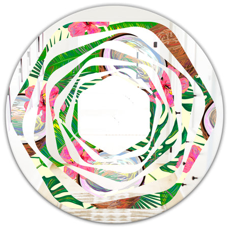 Tropical Cooconut and Jungle Flowers - Modern Round or Oval Wall Mirror - Whirl