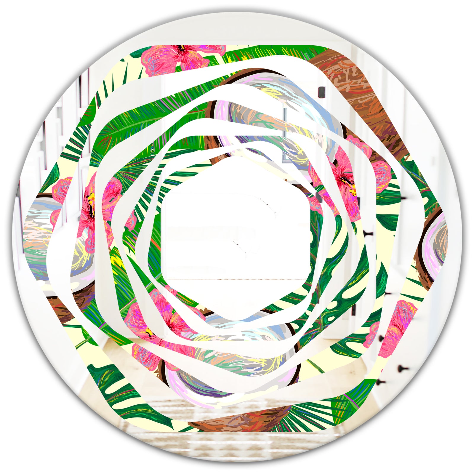 Tropical Cooconut and Jungle Flowers - Modern Round or Oval Wall Mirror - Whirl
