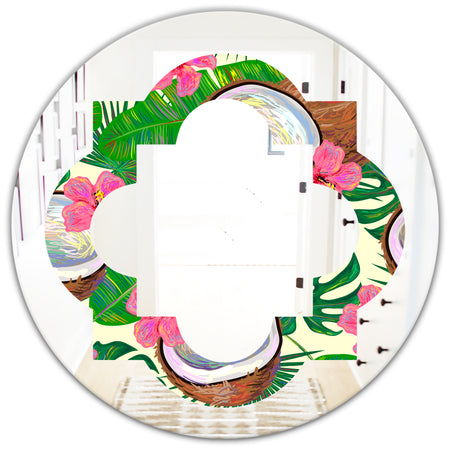 Tropical Cooconut and Jungle Flowers - Modern Round or Oval Wall Mirror - Quatrefoil