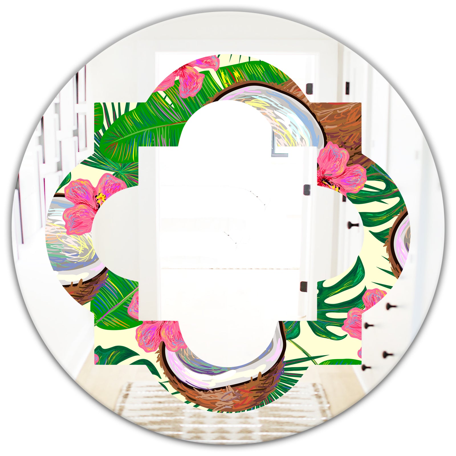 Tropical Cooconut and Jungle Flowers - Modern Round or Oval Wall Mirror - Quatrefoil
