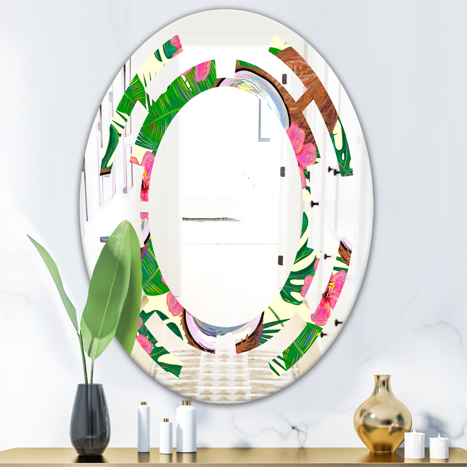 Tropical Cooconut and Jungle Flowers - Modern Round or Oval Wall Mirror - Space