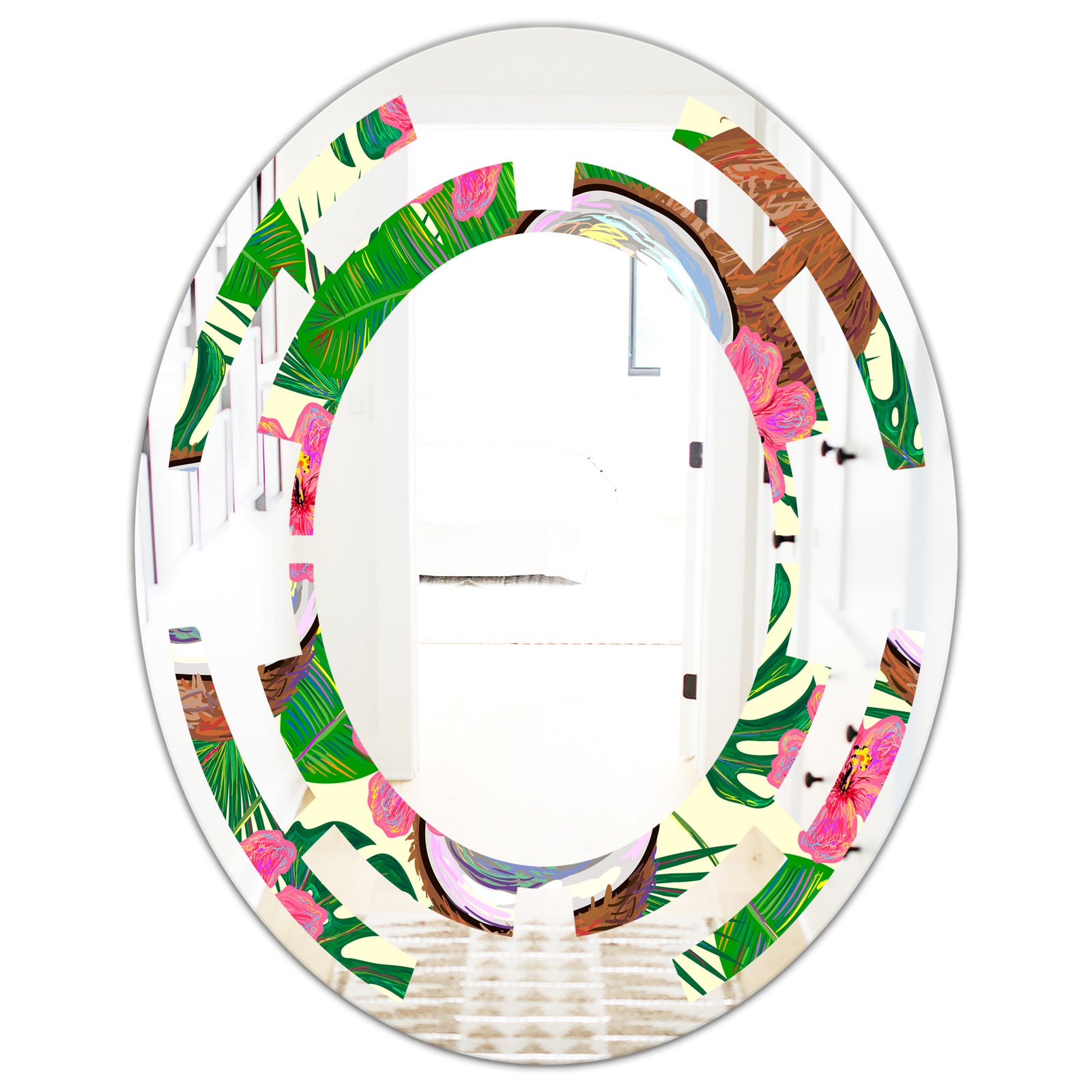 Tropical Cooconut and Jungle Flowers - Modern Round or Oval Wall Mirror - Space
