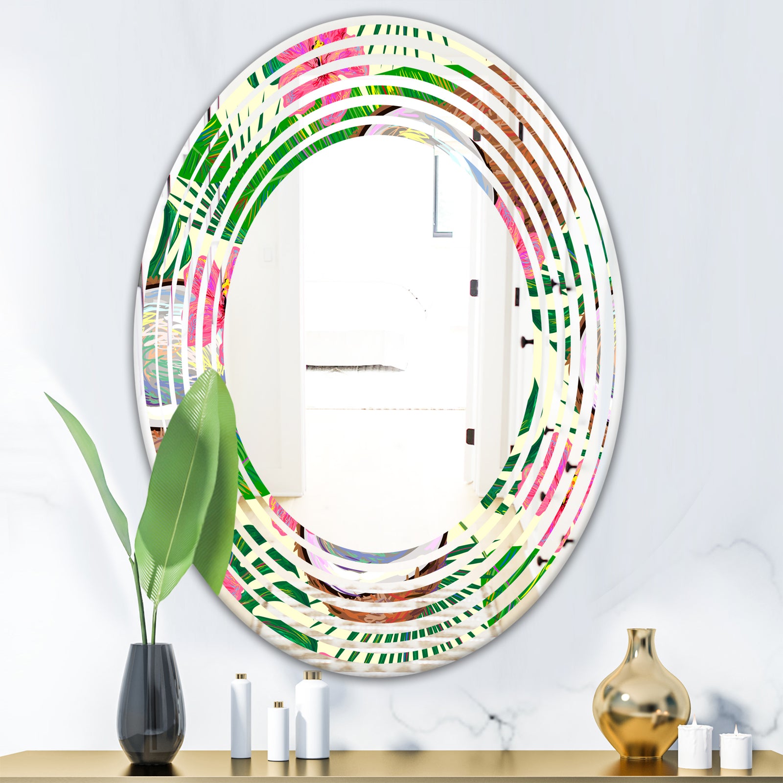 Tropical Cooconut and Jungle Flowers - Modern Round or Oval Wall Mirror - Wave
